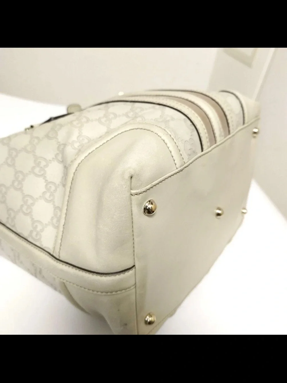 Gucci Cream and Beige Monogram Satchel with Gold Chain